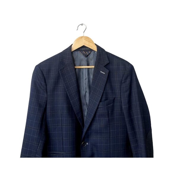 Zara Mens Blazer Size 40 Navy Blue Plaid Wool Blend Button Front - Picture 2 of 10